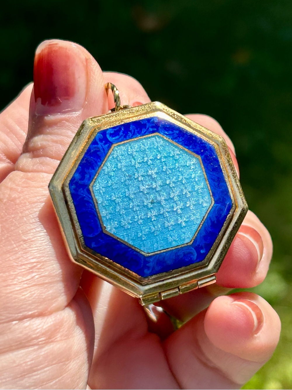Blue Guilloche Enamel Octagonal Locket Pendant - Large Vintage Two Tone Gold